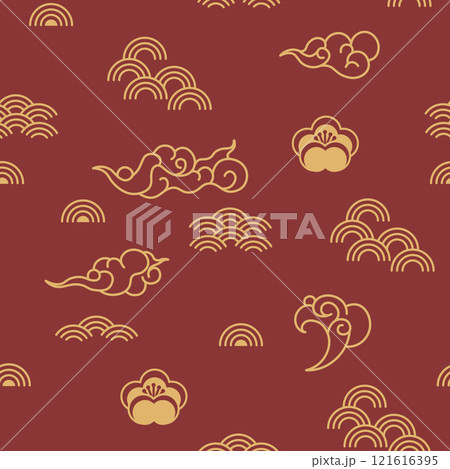 Asian Clouds Flowers Seamless Pattern 121616395