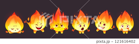 Cartoon flame mascot showing various emotions 121616402