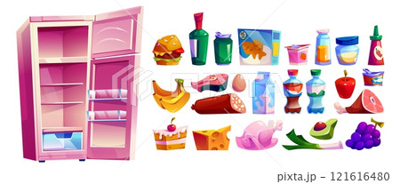 Pink empty refrigerator with separate food icons 121616480