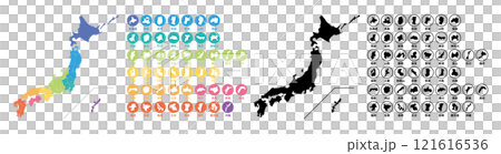 日本のシルエット,都道府県毎に別れている日本地図 121616536