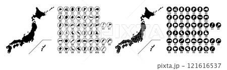 日本のシルエット,都道府県毎に別れている日本地図 121616537