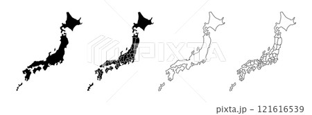 シンプルな白黒の日本シルエット,日本地図の線画,都道府県毎に別れている日本地図 121616539