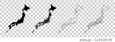 シンプルな白黒の日本シルエット,日本地図の線画,都道府県毎に別れている日本地図 121616539