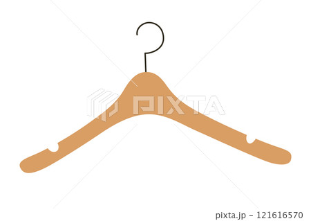 Vector illustration of wooden clothes hanger in simple flat style, doodle for themes related to organization, wardrobe, and minimalist storage, isolated colored clipart on white background 121616570