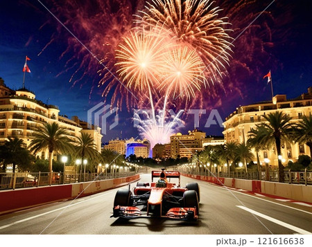 モナコの街を走るF1カーと花火-5 121616638