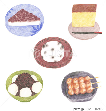 色鉛筆で描いた5種類の和菓子のイラストレーション 121616912