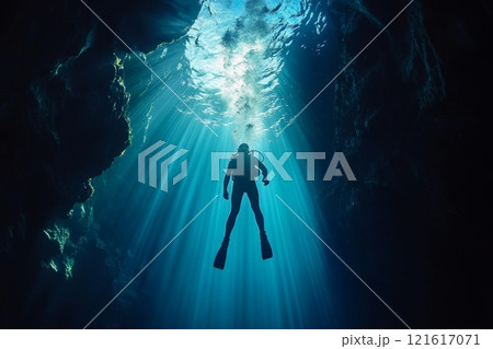 Underwater - scuba diver, deep water with blue sunlight. Underwater - scuba diver, deep water with blue sunlight. 121617071