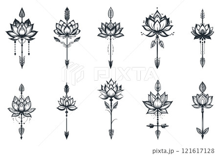 Lotus tattoo with arrow set. Motivation harmony underline print sticker design element. Spiritual lily symbol. Black and white simple flat ethnic elegant boho style. Isolated vector on white Lotus tattoo with arrow set. Motivation harmony underline print sticker design element. Spiritual lily symbol. Black and white simple flat ethnic elegant boho style. Isolated vector on white 121617128