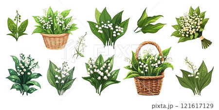 Lily of the valley flowers with green leaves set. Spring white elegant wild plant herb bouquet in a wicker basket. Romantic delicate cover sticker design element. Cartoon style isolated vector clipart 121617129