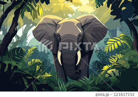 Elephant in the jungles background. Green tropical forest around safari wildanimal. Nature beauty wild life african indian giant ear trunk huge strong mammal. Cartoon style vector illustration Elephant in the jungles background. Green tropical forest around safari wildanimal. Nature beauty wild life african indian giant ear trunk huge strong mammal. Cartoon style vector illustration 121617152