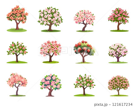 Blooming flower tree set. Purple and pink flowers and foliage. Short nature plants. Eco botanical garden paradise green environment spring time. Cartoon style vector illustration 121617234