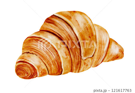 Croissant watercolor. Hand drawn illustration fresh french bun. Food clip art. Ideal for bakery prints, postcards and pastry shop posters. Croissant watercolor. Hand drawn illustration fresh french bun. Food clip art. Ideal for bakery prints, postcards and pastry shop posters. 121617763