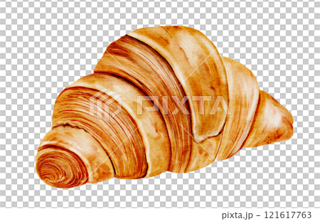 Croissant watercolor. Hand drawn illustration fresh french bun. Food clip art. Ideal for bakery prints, postcards and pastry shop posters. Croissant watercolor. Hand drawn illustration fresh french bun. Food clip art. Ideal for bakery prints, postcards and pastry shop posters. 121617763