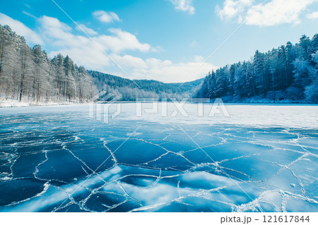 Blue ice and cracks on the surface of ice. Frozen lake, forest and mountain 121617844