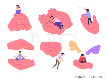 Hands holding people. Concept illustrations with big hand and tiny characters exact vector psychology ads template 121617857