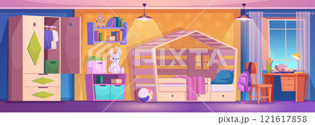 Kids interior. Playing room for kids different furniture collection and playful toys exact vector cartoon background 121617858