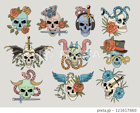 Skull tattoo. Colorful pictures set of creepy drawing skulls in different points of view recent vector illustration Skull tattoo. Colorful pictures set of creepy drawing skulls in different points of view recent vector illustration 121617860