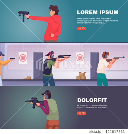 shooters in shooting gallery. aiming characters. vector horizontal banners shooters in shooting gallery. aiming characters. vector horizontal banners 121617883