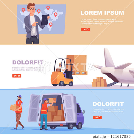logistic banners. worldwide delivery services loading packages on airplanes and ships 121617889