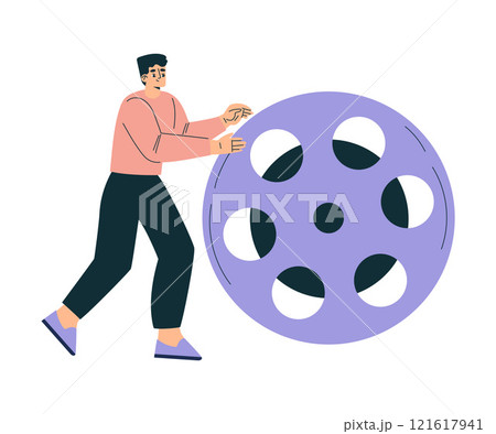 Man with Reel at Shooting Film Movie Production Scene Vector Illustration 121617941