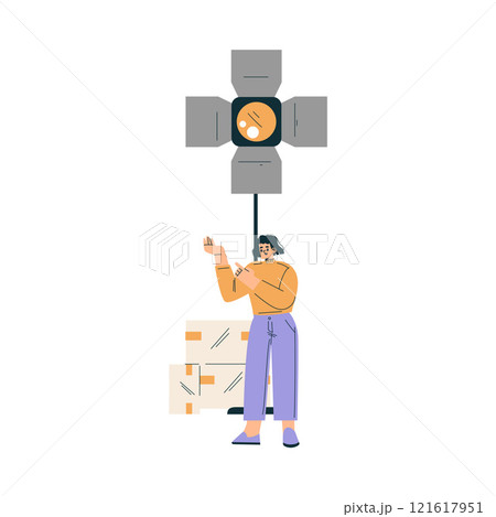 Woman Standing at Lamp at Shooting Film Movie Production Scene Vector Illustration Woman Standing at Lamp at Shooting Film Movie Production Scene Vector Illustration 121617951