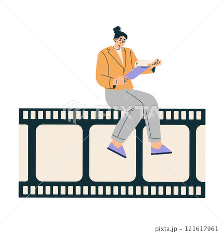 Woman Sit on Tape with Clipboard at Shooting Film Movie Production Scene Vector Illustration 121617961