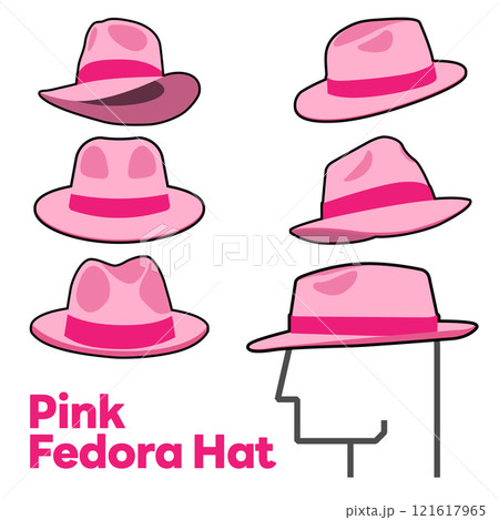 Set Blank Pink Fedora Hat Vector for Template. Pink Fedora Hat Technical Fashion Illustration. Pink Fedora Hat Isolated on White Background. Vector Illustration. All in a single layer. Elements for 121617965