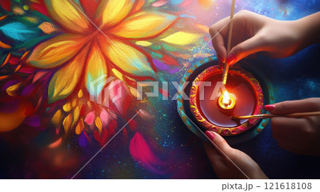 Diwali Festival of Lights Celebration, Colorful Rangoli and Diya Lamp Diwali Festival of Lights Celebration, Colorful Rangoli and Diya Lamp 121618108