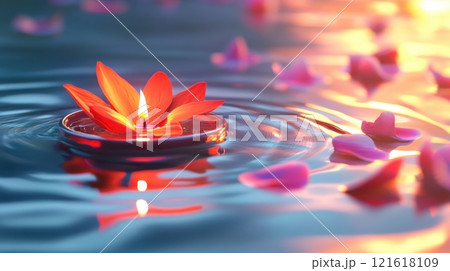 Tranquil floating lotus candle, Peaceful nature, meditation, spirituality Tranquil floating lotus candle, Peaceful nature, meditation, spirituality 121618109