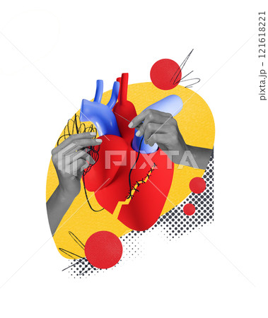 Hands sewing heart illustration with threads, representing repair and recovery in cardiovascular health and surgery. Contemporary art collage. Hands sewing heart illustration with threads, representing repair and recovery in cardiovascular health and surgery. Contemporary art collage. 121618221