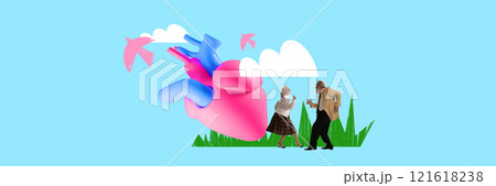 Pink heart floating amidst clouds with an elderly couple dancing, symbolizing joy and active lifestyle in maintaining heart health. Contemporary art collage. Pink heart floating amidst clouds with an elderly couple dancing, symbolizing joy and active lifestyle in maintaining heart health. Contemporary art collage. 121618238