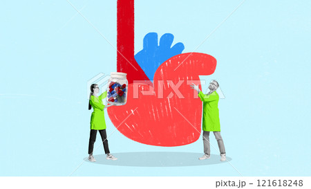 Two doctors, scientists in lab coats interacting with giant heart, representing cardiovascular research and innovative medicine. Contemporary art collage. 121618248