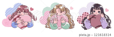 大きなハートを抱えた女の子のイラストセット 121618314