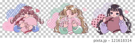 大きなハートを抱えた女の子のイラストセット 121618314