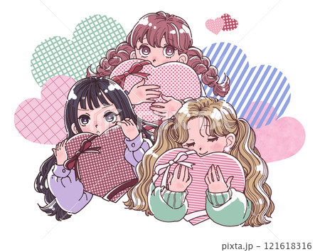 大きなハートを抱えた3人の女の子のイラスト 大きなハートを抱えた3人の女の子のイラスト 121618316