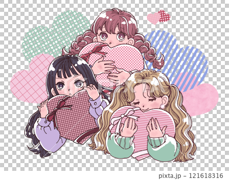 大きなハートを抱えた3人の女の子のイラスト 大きなハートを抱えた3人の女の子のイラスト 121618316