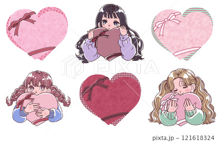 大きなハートを抱えた女の子とリボンのついたハートのイラストセット 大きなハートを抱えた女の子とリボンのついたハートのイラストセット 121618324