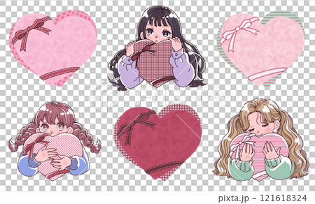 一個女孩抱著一顆大心和一顆帶有絲帶的心的插圖集 121618324