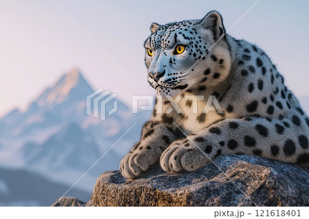 Majestic Snow Leopard on Rocky Outcrop in Himalayas Spotted Coat Blending with Snowy Peaks and Piercing Yellow Eyes Majestic Snow Leopard on Rocky Outcrop in Himalayas Spotted Coat Blending with Snowy Peaks and Piercing Yellow Eyes 121618401