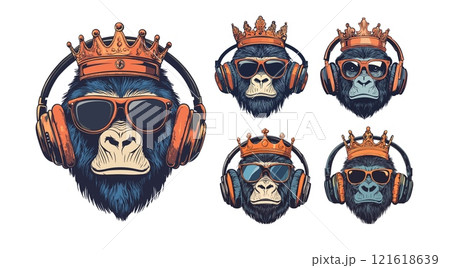 Crown gorilla headphones heads cartoon vector set. Fluffy ape close up avatar glasses portrait king jungle corona headsets animal isolated on white background 121618639