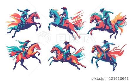 Cowboy rider cartoon concepts. Hat rope jumping horse cattle riding rodeo man horseman rural rancher country side character, isolated vectors on white background 121618641
