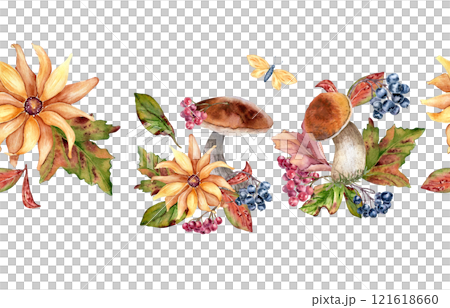 Autumn seamless border of mushrooms with yellow flower and rowan berries in watercolor isolated. Coneflowers and black chokeberry painted. Repeated texture with woodland plants hand drawn. 121618660