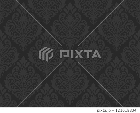Dark damask pattern with subtle floral and swirling details on a black background. Damask seamless pattern. Dark damask pattern with subtle floral and swirling details on a black background. Damask seamless pattern. 121618834