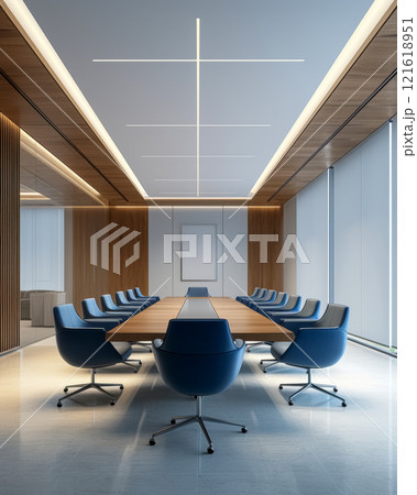 Empty meeting room with long wooden conference table and blue chairs in bright modern commercial office, place for presentation, brainstorming or business meetings 121618951