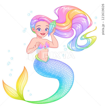 Beautiful mermaid with rainbow hair holding a seashell. Cartoon vector illustration. Beautiful mermaid with rainbow hair holding a seashell. Cartoon vector illustration. 121619026