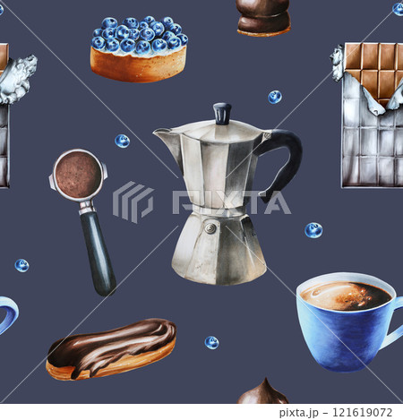 Seamless pattern with chocolate bar in ripped open foil, geyser coffee maker, porcelain cup with americano. eclair, blueberry tartlet. Hand painting watercolor illustration isolated on background. For Seamless pattern with chocolate bar in ripped open foil, geyser coffee maker, porcelain cup with americano. eclair, blueberry tartlet. Hand painting watercolor illustration isolated on background. For 121619072