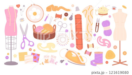 Needlework tools. Clothes design and sew tools and equipment. Mannequin, scissors, fabric rolls. Woven manufactory, beads, racy vector set Needlework tools. Clothes design and sew tools and equipment. Mannequin, scissors, fabric rolls. Woven manufactory, beads, racy vector set 121619080
