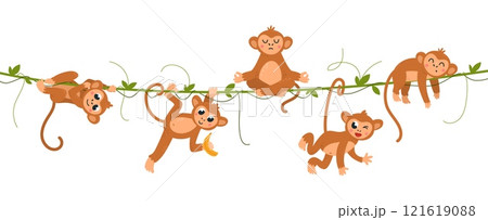 Funny monkeys hang on green vine. Monkey funny cartoon characters, tropical wild animals with banana. Cute children mascots, classy vector banner 121619088