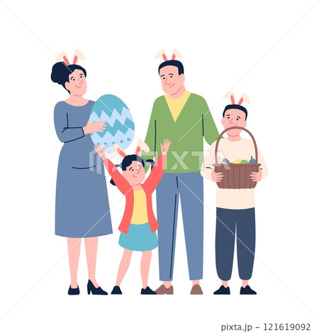 Happy easter family characters. Parents with children and easter decorations, eggs in basket, bunny ears on heads. Spring festival recent vector scene 121619092