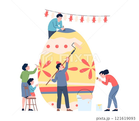 Friends painting easter egg. Spring festive celebration, tiny people drawing paint on giant egg different ornaments. Seasonal party recent vector scene 121619093